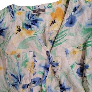 JM Collection 100% Linen Blue and Green‎ Floral Print Button Up Size 8